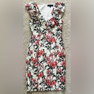 Rachel Rachel Roy dress. Sheath floral, knee length dress with ruffled neckline.
